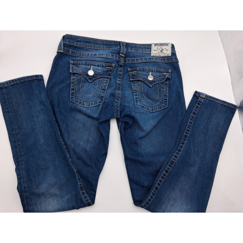 True Religion Skinny Jeans Womens 31 Blue Denim Low Rise Flap Pocket Whiskered